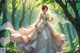 A woman in a wedding dress walking through a forest.